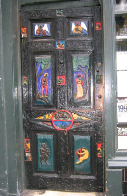 The venue's remarkable carved door
